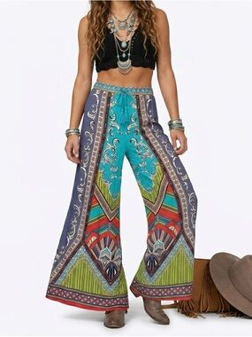 Flying Tomato Wide Leg Palazzo Pants Women M Blue Multi Boho Festival Geometric